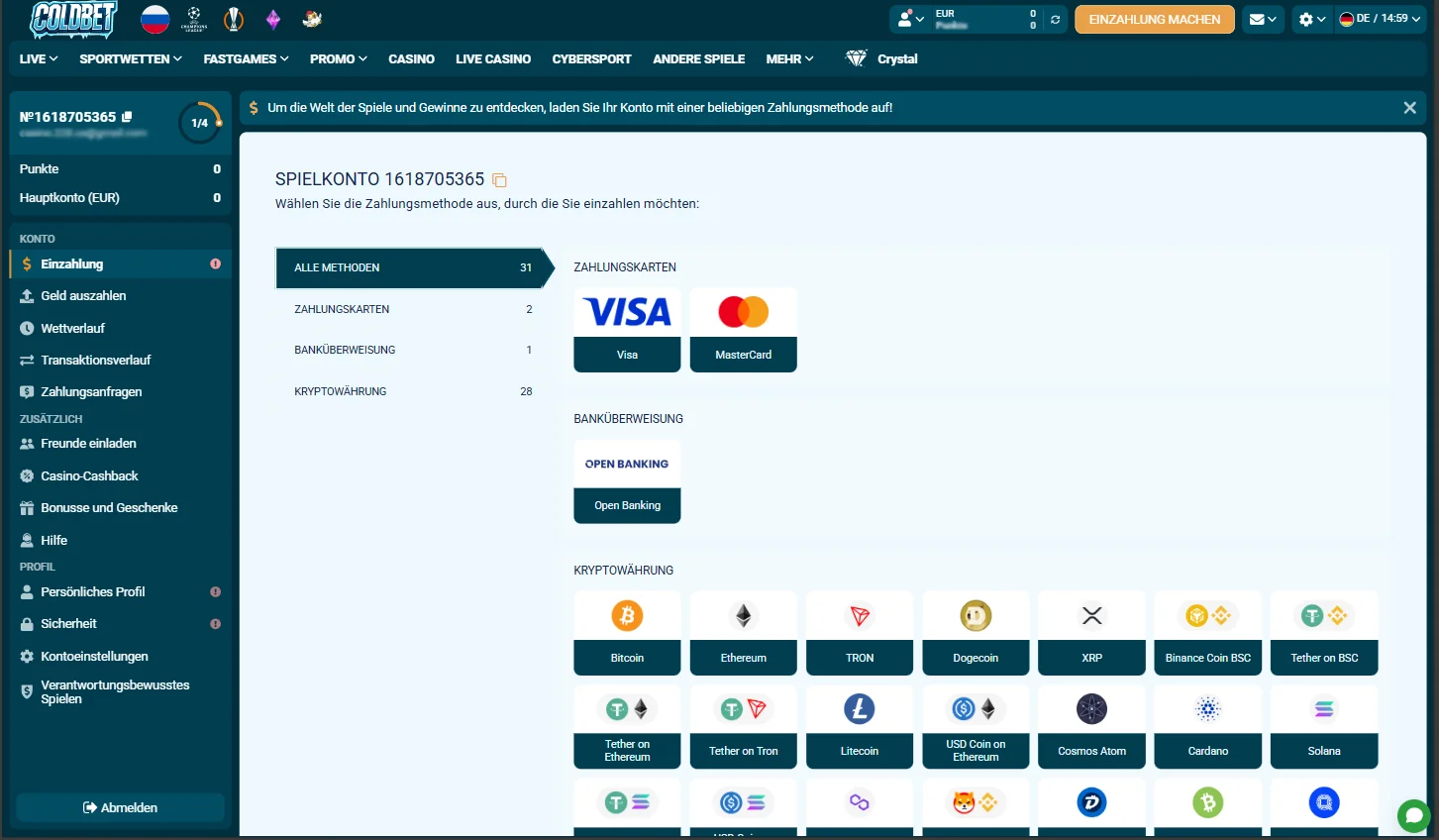Coldbet Casino Einzahlungsmethoden