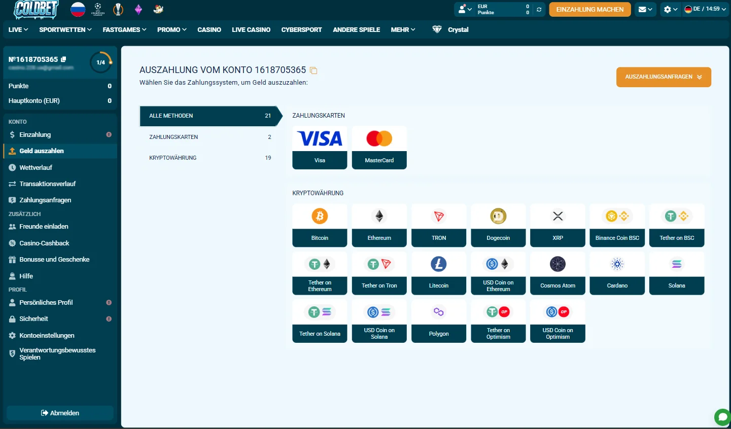 Coldbet Casino Auszahlungsoptionen